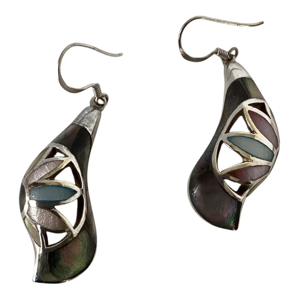 925 Sterling Silver Iridescent MOP Drop Hook Earrings Pink Blue Purple Green EUC - Picture 6 of 14